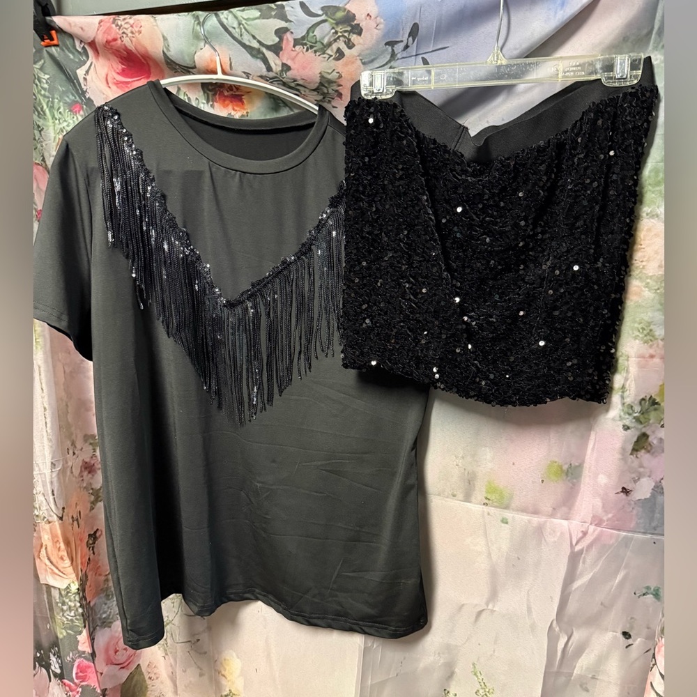 Black Fringe Sequin Women's Top and Sequin Shorts